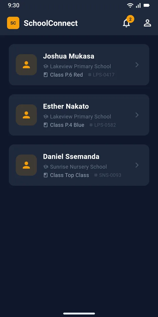SchoolConnect home screen listing three children with their schools and classes