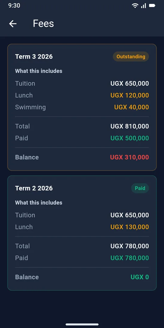 Fees screen showing a Term 3 balance outstanding and Term 2 paid in full