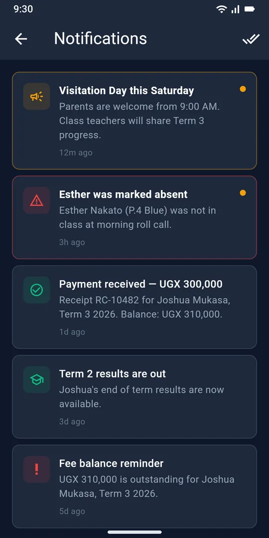 SchoolConnect notifications screen showing a school announcement, an absence alert for Esther, a payment receipt and a results notice